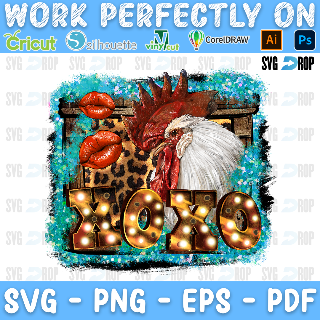 XOXO lettering in marquee light letters with a rooster, red lips and leopard print on a turquoise splash. Sublimation PNG