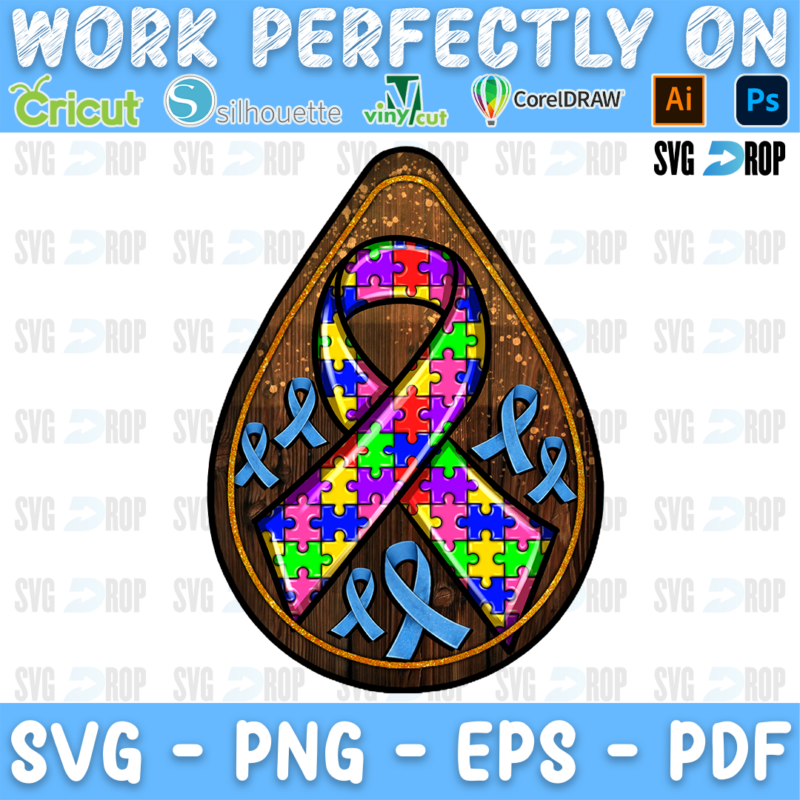 A teardrop autism awareness earring design: a colorful puzzle piece awareness ribbon surrounded by small light blue ribbons. Sublimation PNG