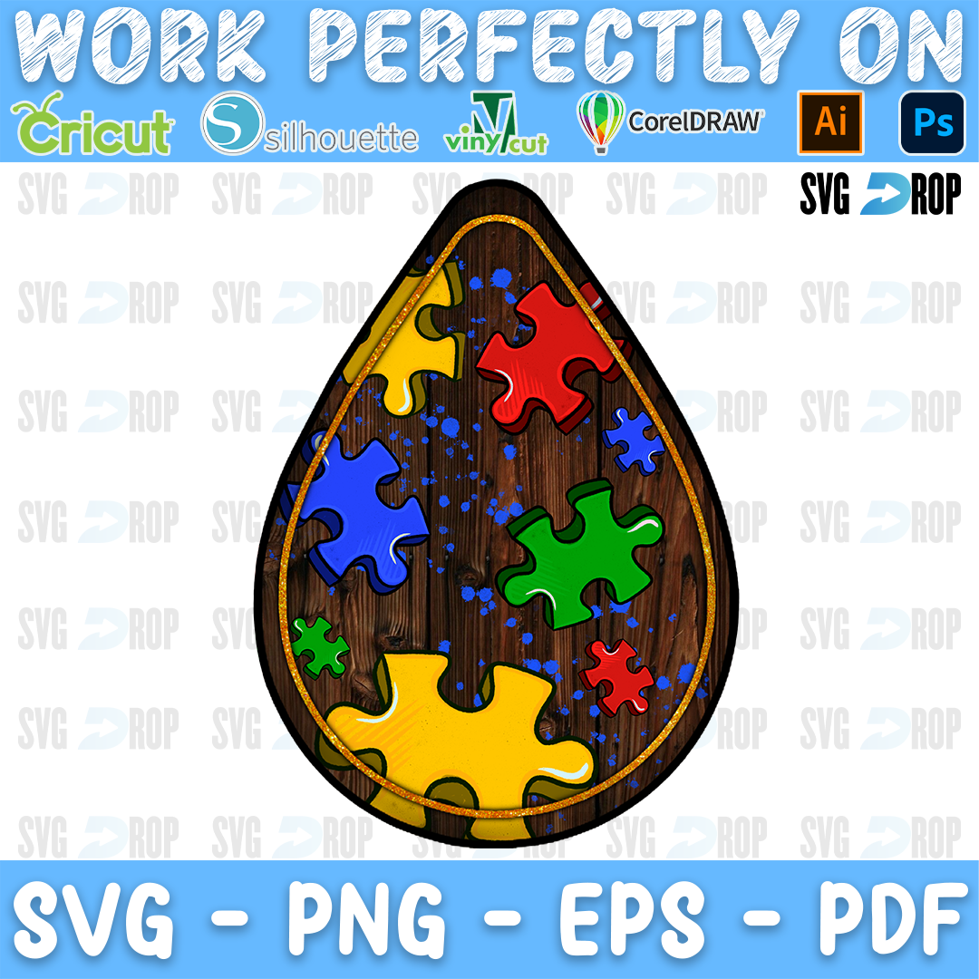Autism Awareness Teardrop Earring Puzzle Pieces PNG
