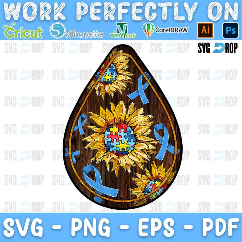 A teardrop autism awareness earring design: sunflowers with colorful puzzle piece centers and light blue awareness ribbons on a dark. Sublimation PNG
