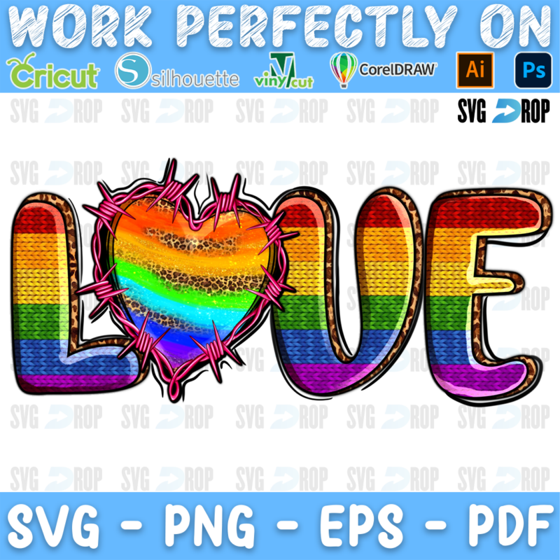 LOVE in rainbow and leopard letters with a rainbow heart wrapped in barbed wire. Sublimation PNG