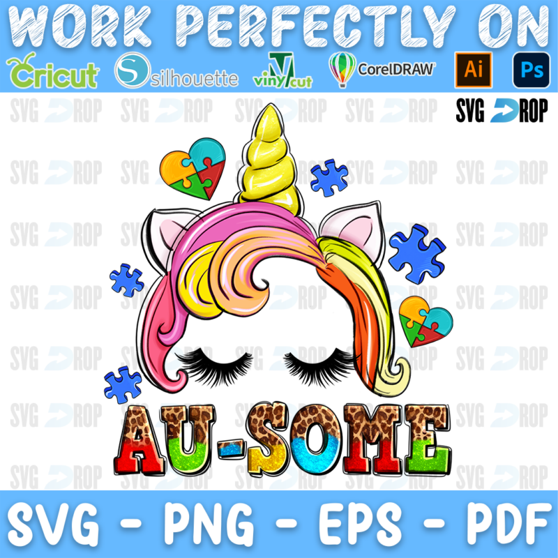 Au-Some lettering in rainbow letters with a rainbow unicorn face, closed eyes and puzzle pieces. Sublimation PNG