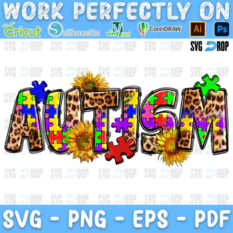 Autism lettering in leopard and puzzle piece letters with sunflowers. Sublimation PNG