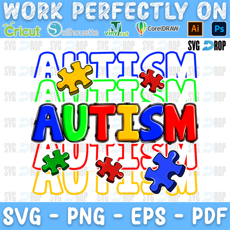 Stacked Autism lettering in rainbow colors with puzzle pieces. Sublimation PNG