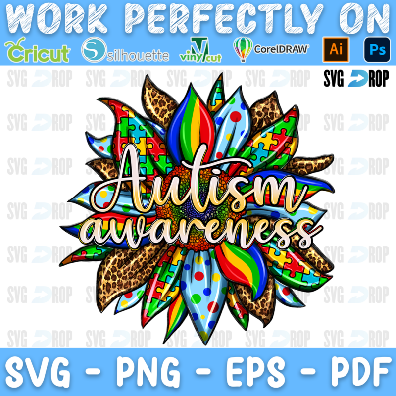Autism Awareness lettering in white script on a leopard, rainbow and puzzle piece sunflower. Sublimation PNG