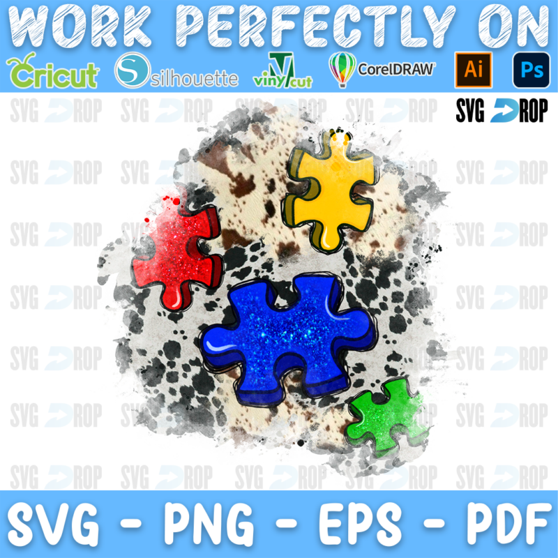 An autism awareness patch background: glittery red, yellow, blue and green puzzle pieces over a black, gray and tan cowhide splash. Sublimation PNG