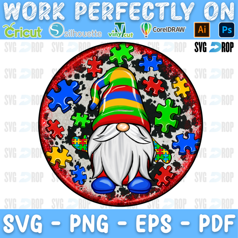 A round autism awareness car coaster design: a gnome in a rainbow striped hat with blue shoes, colorful puzzle pieces and cowhide. Sublimation PNG