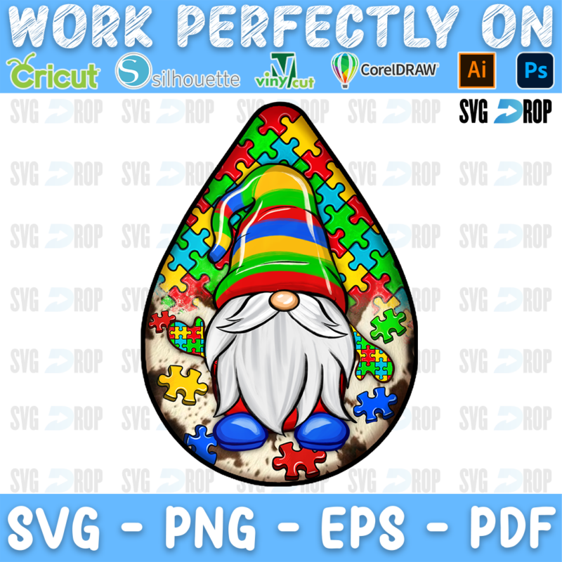 A teardrop shaped autism awareness design: a gnome in a rainbow striped hat with blue shoes over cowhide and colorful puzzle pieces. Sublimation PNG
