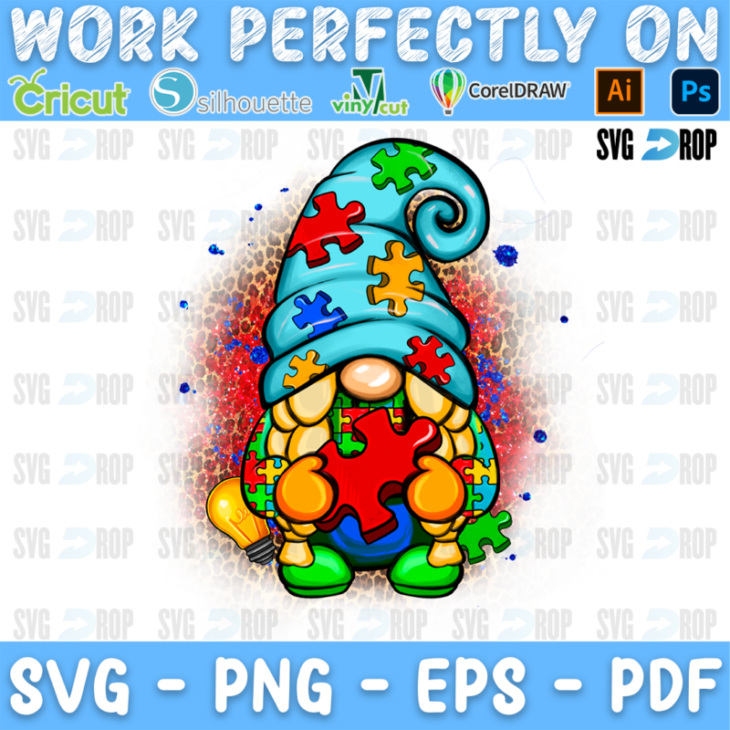 An autism awareness gnome in a turquoise puzzle hat holding a puzzle piece on a red and blue splash. Sublimation PNG