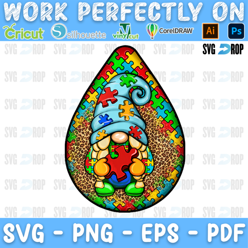 A teardrop shaped autism awareness design: a gnome in a blue puzzle hat hugging a red puzzle piece, over leopard print with colorful. Sublimation PNG