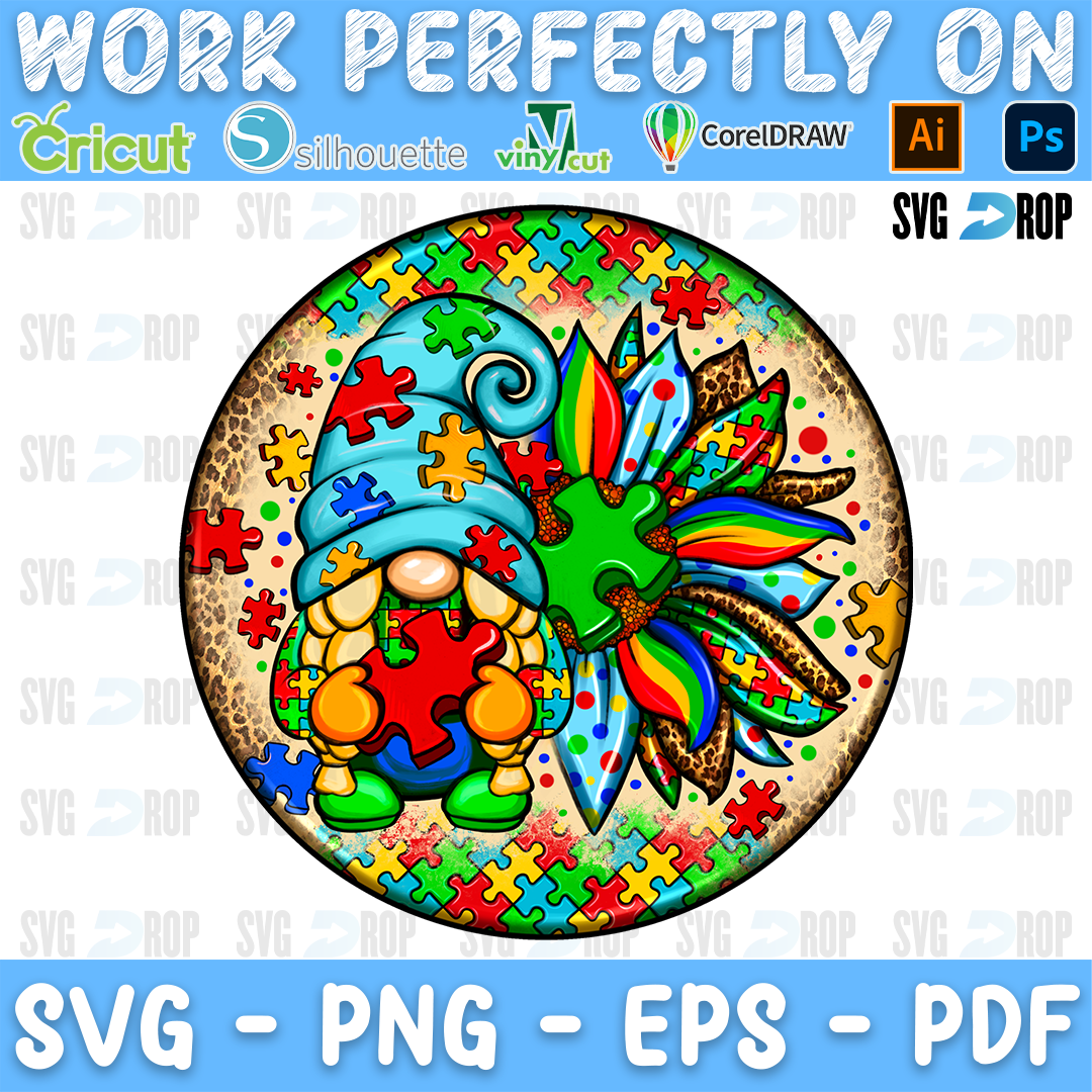 A round car coaster with an autism awareness gnome holding a puzzle heart beside a rainbow puzzle piece sunflower on leopard print. Sublimation PNG