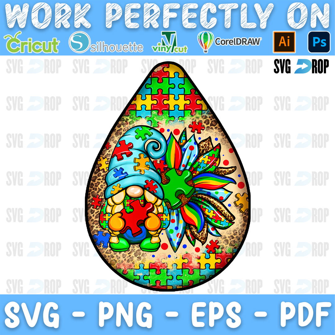 A teardrop car coaster with an autism awareness gnome and a rainbow puzzle sunflower on leopard print. Sublimation PNG
