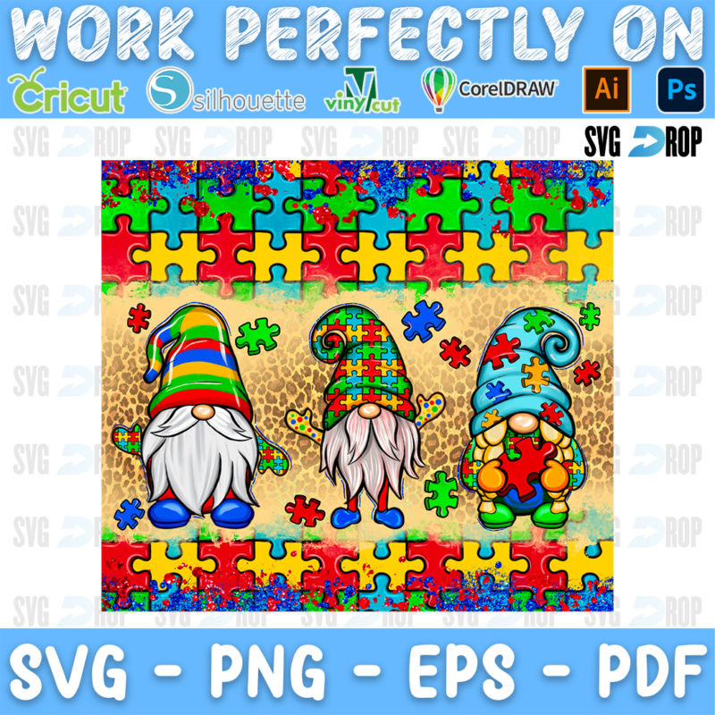 An autism awareness sublimation panel: three gnomes in puzzle and striped hats, one holding a red puzzle piece, over leopard print. Sublimation PNG