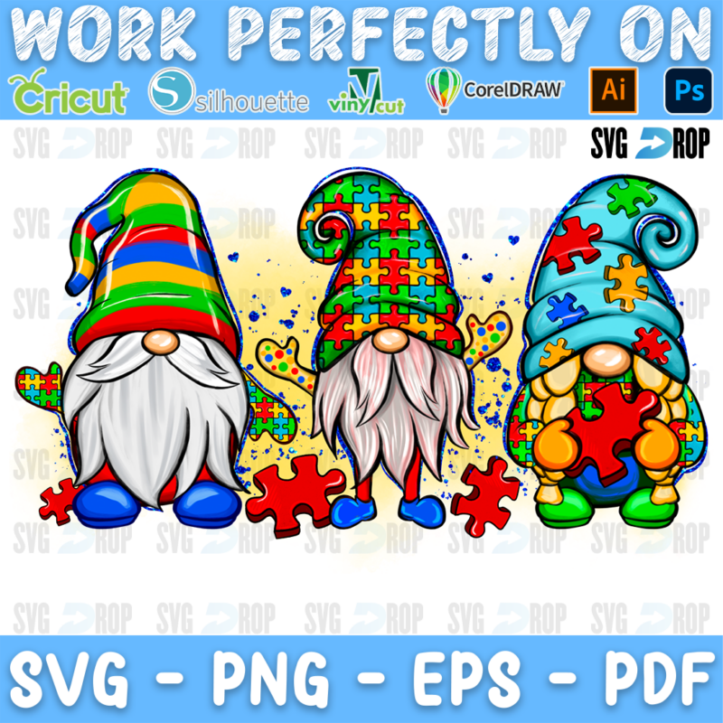 An autism awareness sublimation design with no background: three gnomes in striped and puzzle print hats with white beards, one. Sublimation PNG