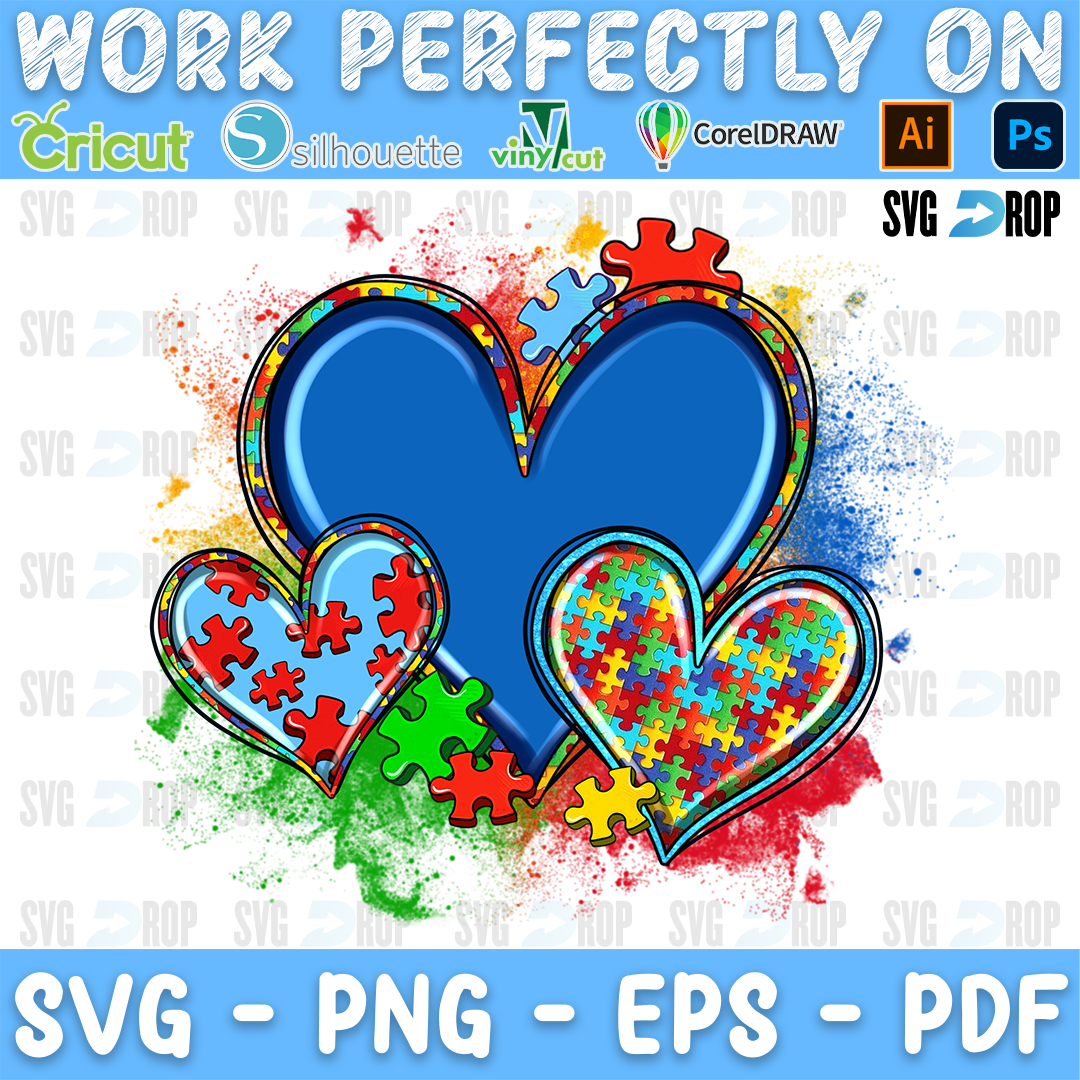 An autism awareness sublimation design with no background: a large blue heart with two puzzle print hearts, colorful puzzle pieces. Sublimation PNG