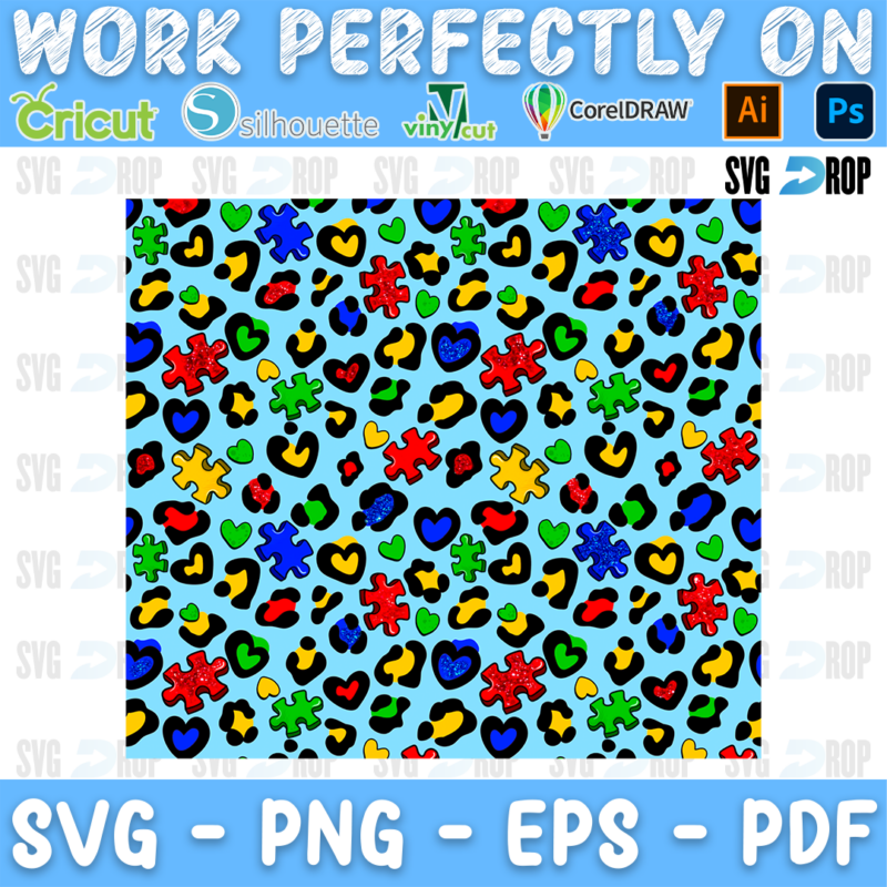 A rainbow leopard print pattern with small hearts and puzzle pieces on light blue. Sublimation PNG