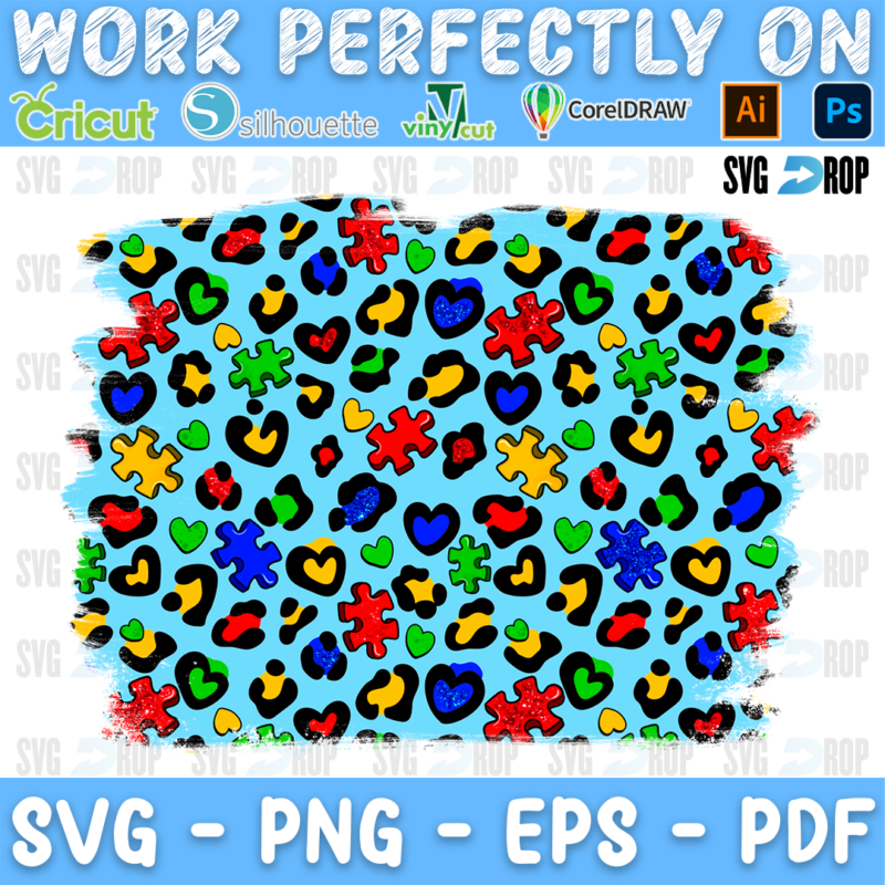 A rainbow leopard print pattern with small hearts and puzzle pieces on light blue. Sublimation PNG