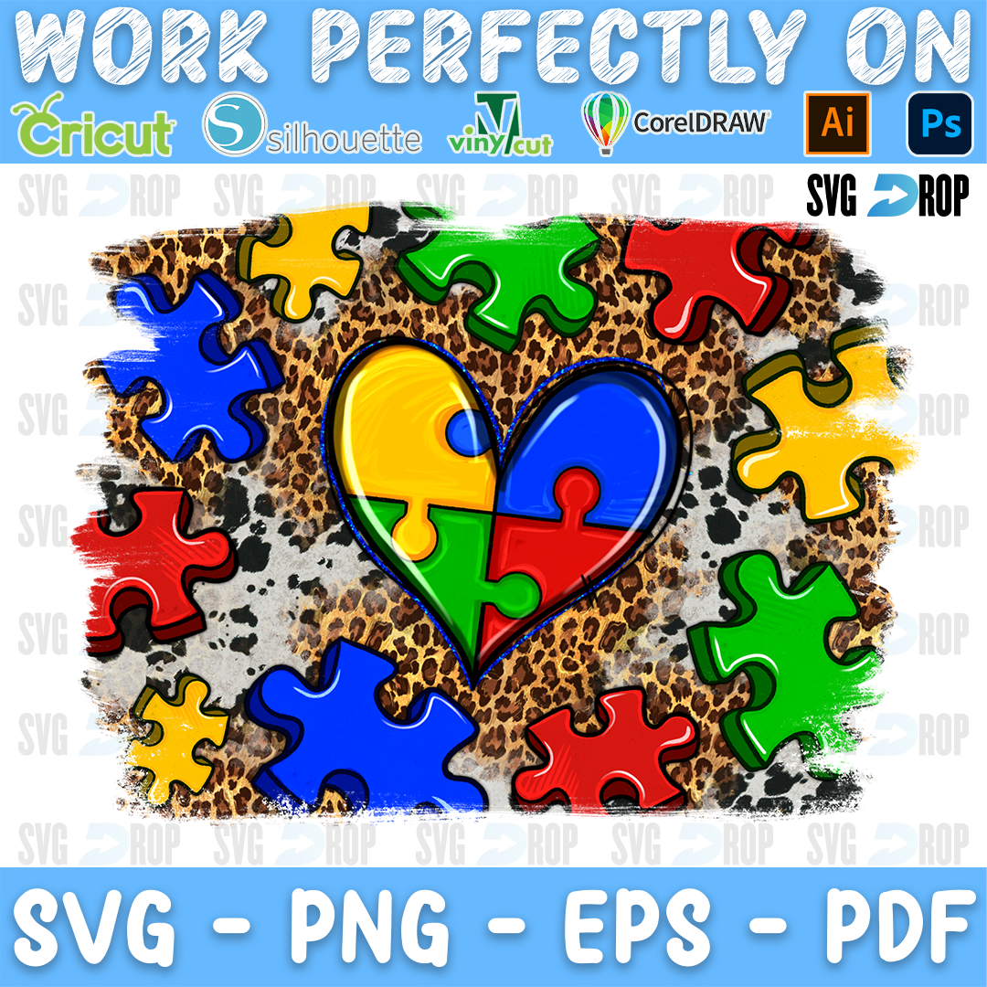 A puzzle piece heart with colorful puzzle pieces on leopard print and cowhide. Sublimation PNG