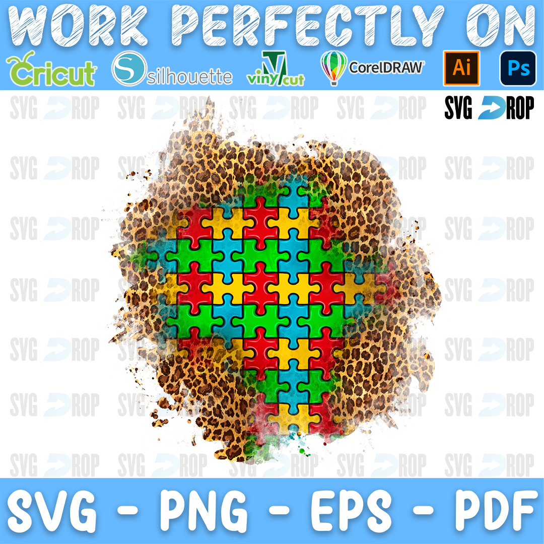 An autism awareness patch background: a colorful interlocking puzzle piece pattern in red, yellow, green and blue set into leopard. Sublimation PNG