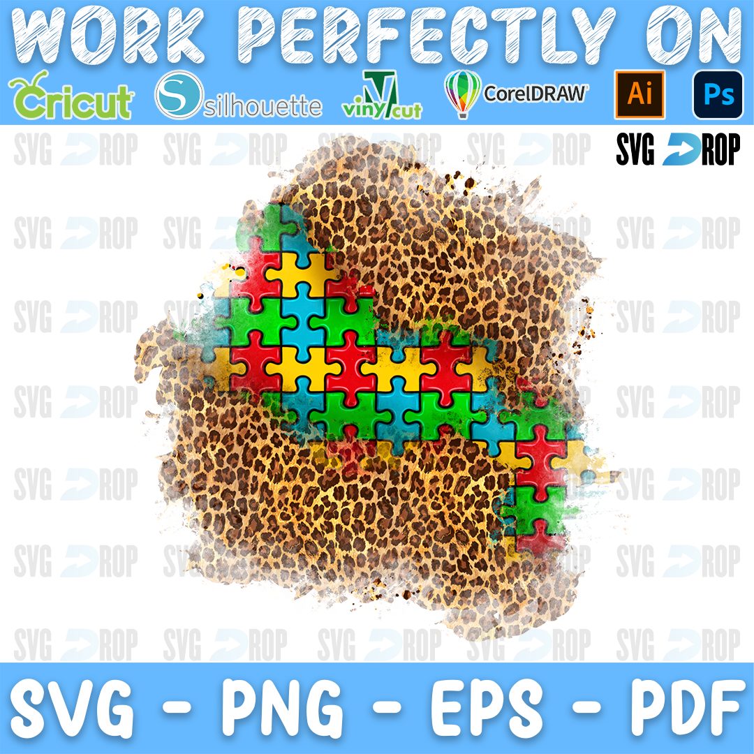 An autism awareness patch background: a diagonal band of colorful puzzle pieces cutting through a wide leopard print patch. Sublimation PNG