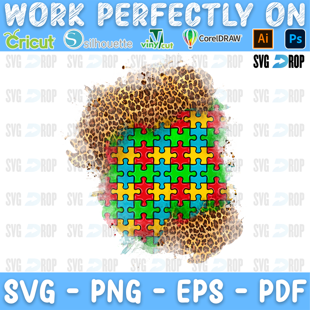 An autism awareness patch background: a block of colorful puzzle pieces set to the lower left of a leopard print patch with ragged. Sublimation PNG