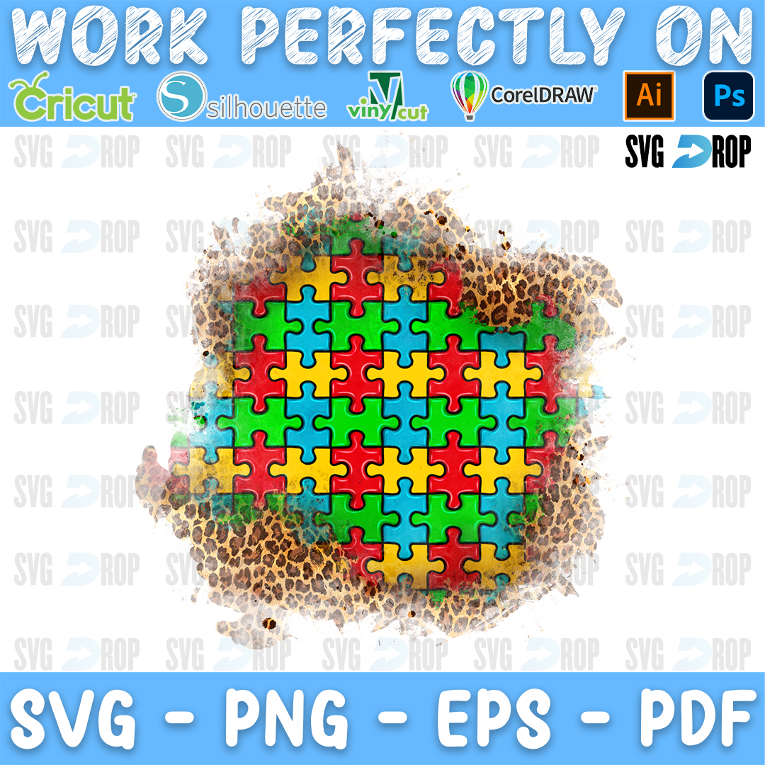 An autism awareness patch background: a square block of colorful puzzle pieces with a turquoise haze, surrounded by soft leopard. Sublimation PNG