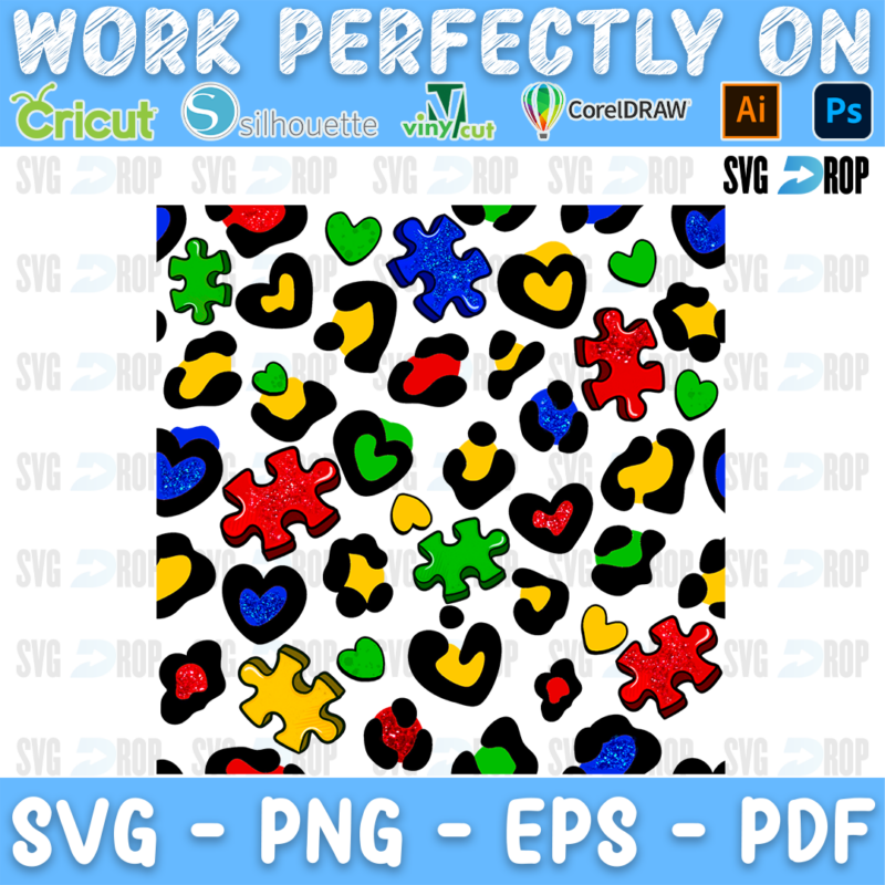 A seamless autism awareness pattern: rainbow leopard spots and heart shapes mixed with colorful puzzle pieces on a white background. Sublimation PNG