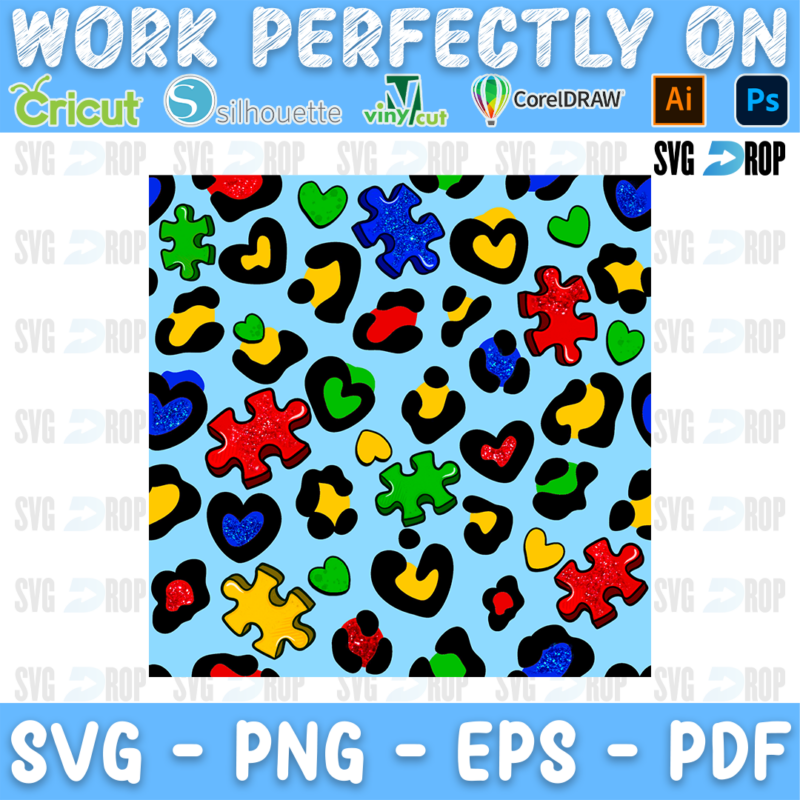 A seamless autism awareness pattern: rainbow leopard spots shaped like hearts mixed with colorful puzzle pieces on a light blue. Sublimation PNG