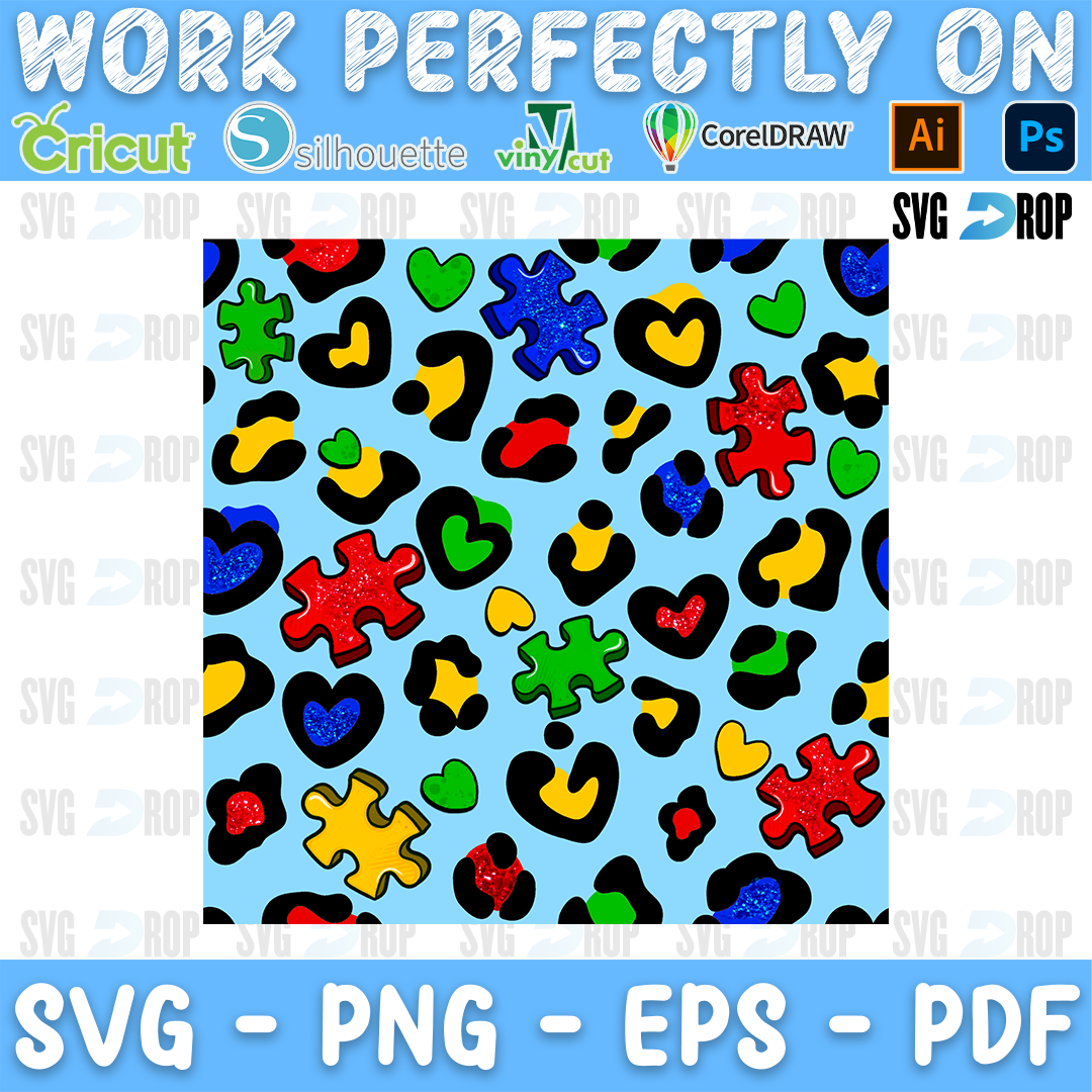 A seamless autism awareness pattern: rainbow leopard spots shaped like hearts mixed with colorful puzzle pieces on a light blue. Sublimation PNG