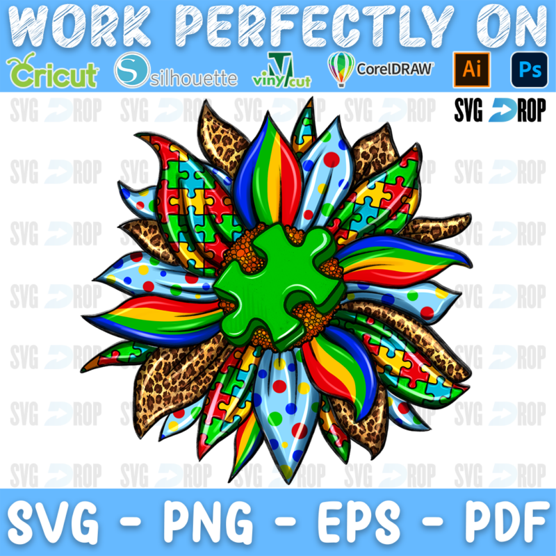 A rainbow, leopard and polka dot sunflower with a green puzzle piece center. Sublimation PNG