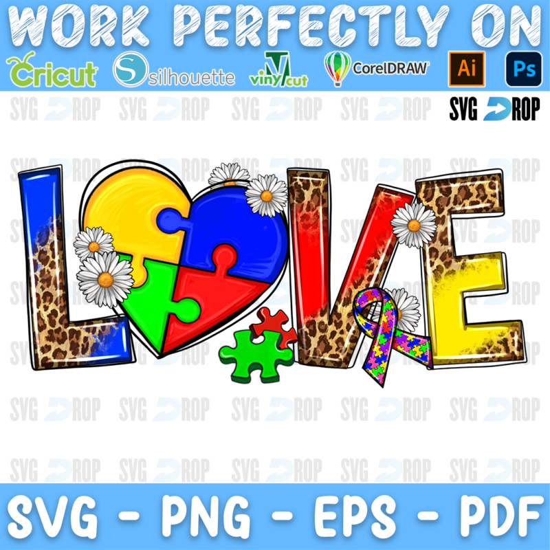 LOVE in rainbow and leopard letters with a puzzle piece heart, daisies and an awareness ribbon. Sublimation PNG