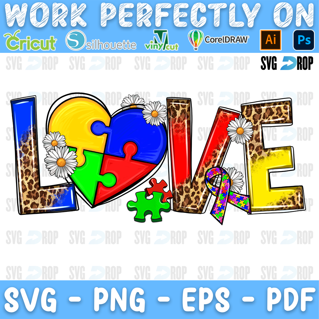 LOVE in rainbow and leopard letters with a puzzle piece heart, daisies and an awareness ribbon. Sublimation PNG