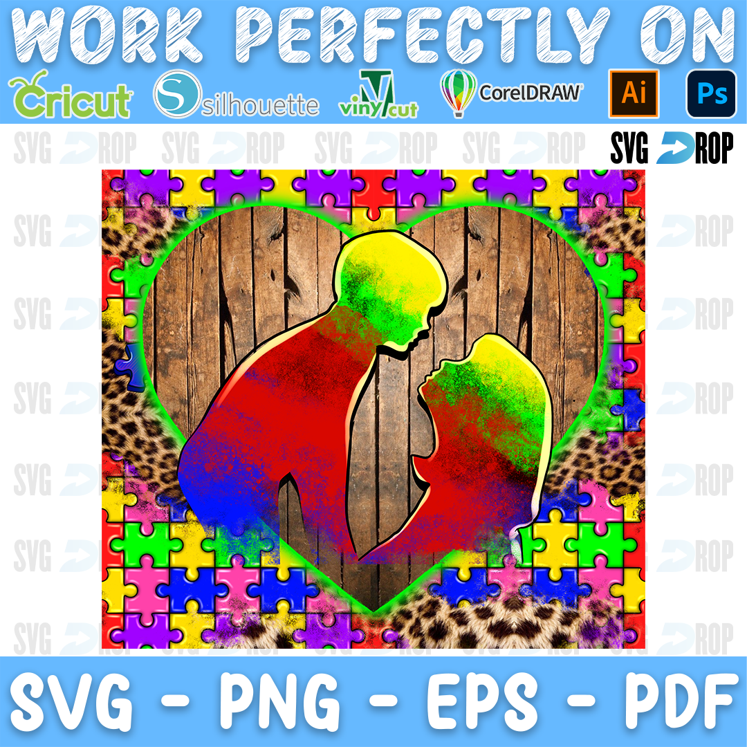 An autism awareness sublimation panel: a rainbow painted silhouette of a mother holding her child inside a wooden heart, framed by. Sublimation PNG