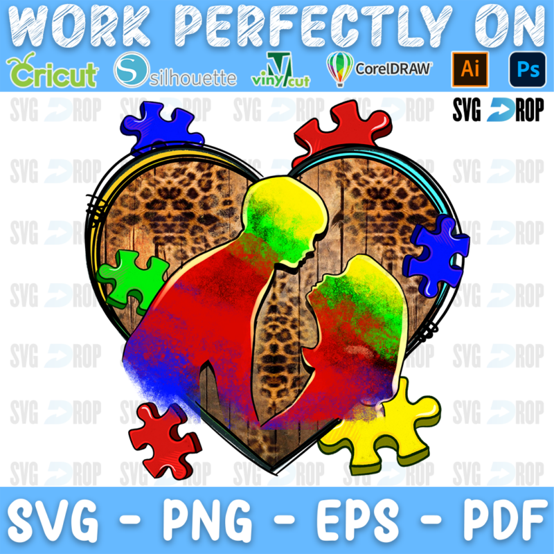 An autism awareness sublimation design with no background: a rainbow painted mother and child silhouette on a wooden and leopard. Sublimation PNG