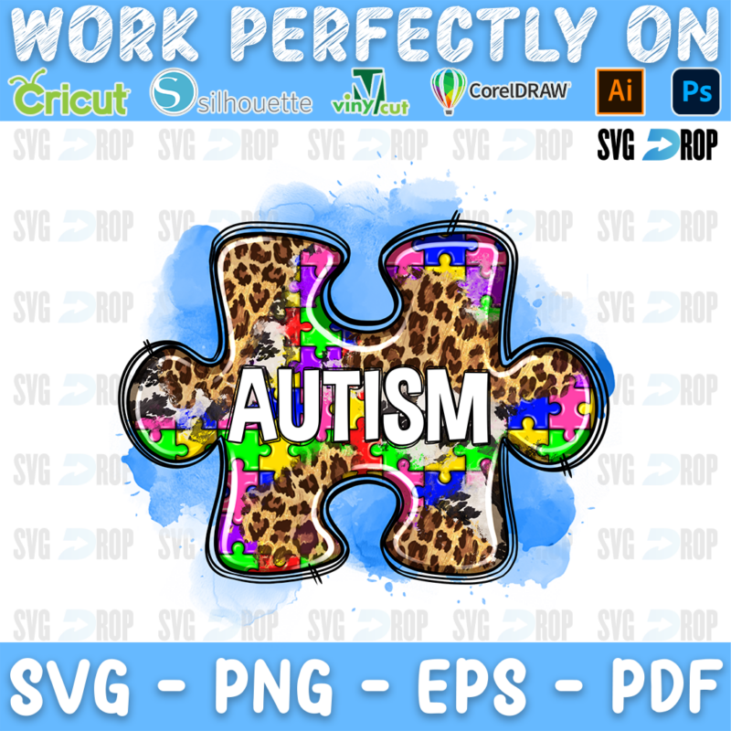 Autism lettering on a leopard and rainbow puzzle piece with a blue watercolor splash. Sublimation PNG