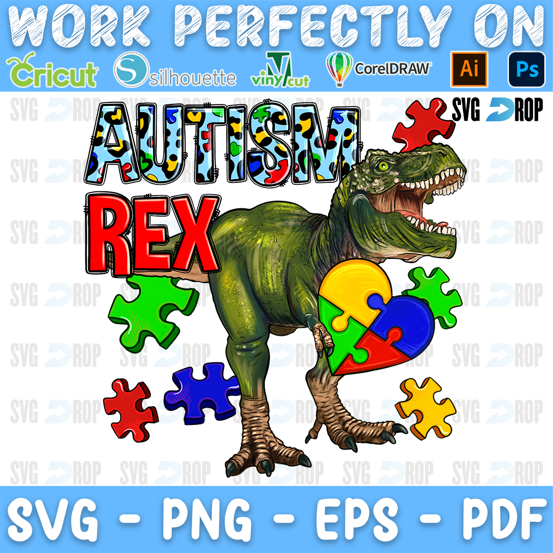 Autism Rex lettering in blue leopard and red letters with a T-rex holding a puzzle heart and puzzle pieces. Sublimation PNG