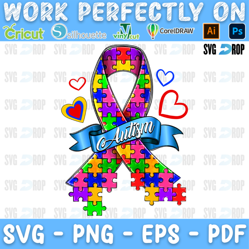 An autism awareness ribbon made of colorful puzzle pieces with an Autism banner and hearts. Sublimation PNG