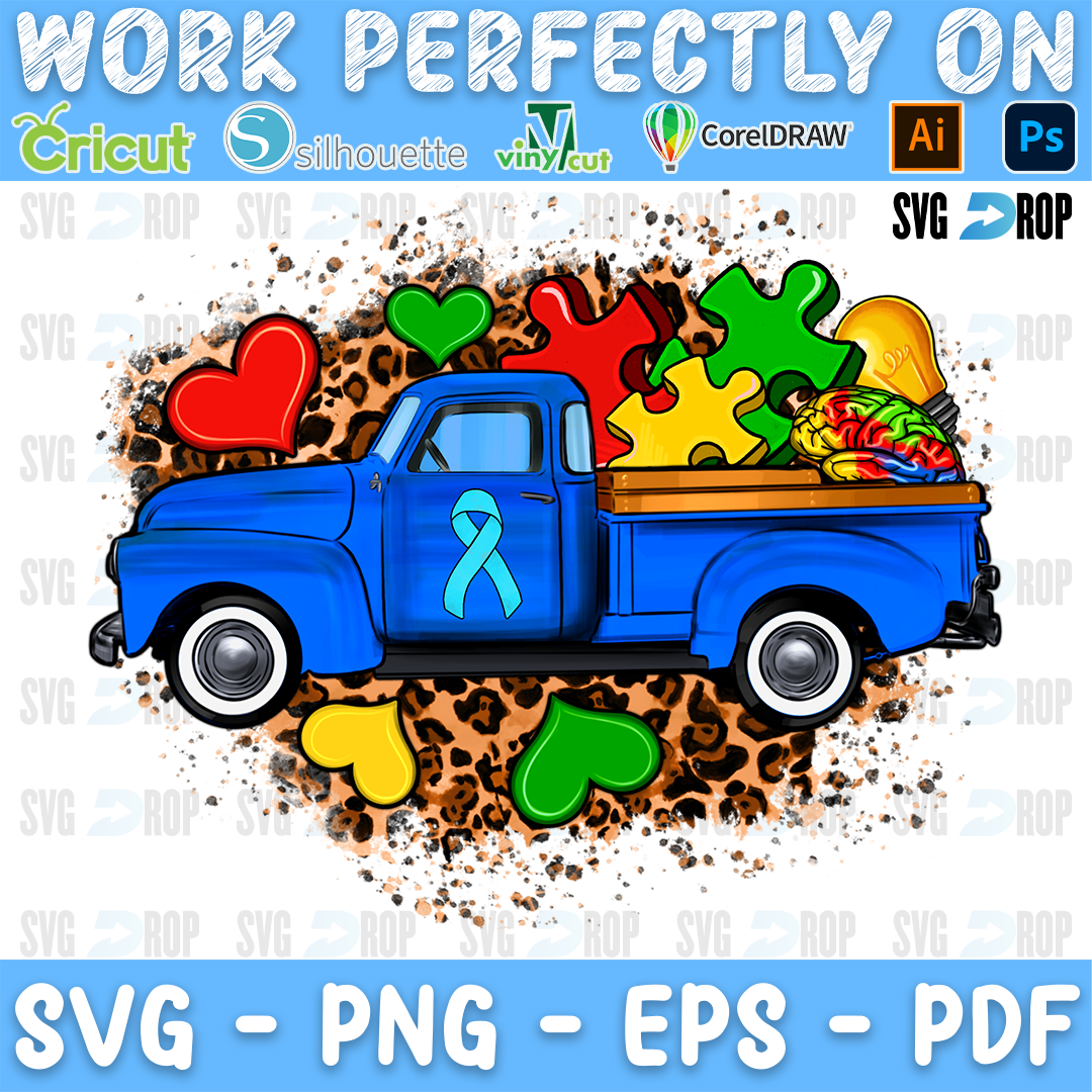 A blue pickup truck with an awareness ribbon carrying puzzle pieces and hearts on a leopard splash. Sublimation PNG