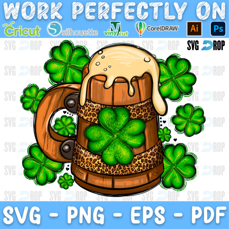 A leopard wooden beer mug with foam, a shamrock and green shamrocks. Sublimation PNG