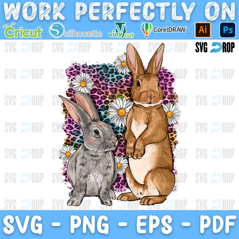 Two bunnies, gray and brown, with daisies on a pink and purple leopard splash. Sublimation PNG