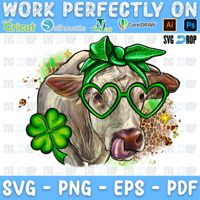 A Charolais cow in green heart sunglasses and a green bandana licking its nose with a shamrock. Sublimation PNG
