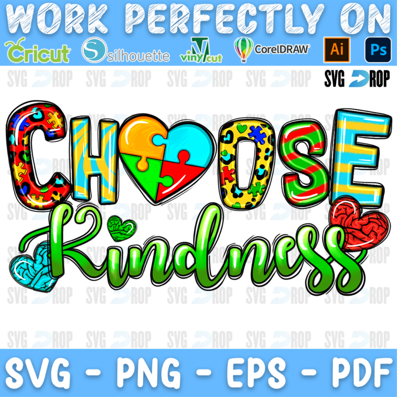 Choose Kindness lettering in colorful puzzle letters with green script and puzzle piece hearts. Sublimation PNG