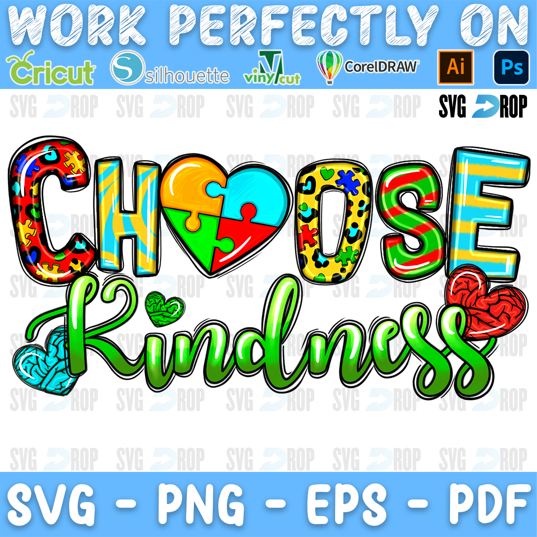 Choose Kindness lettering in colorful puzzle letters with green script and puzzle piece hearts. Sublimation PNG