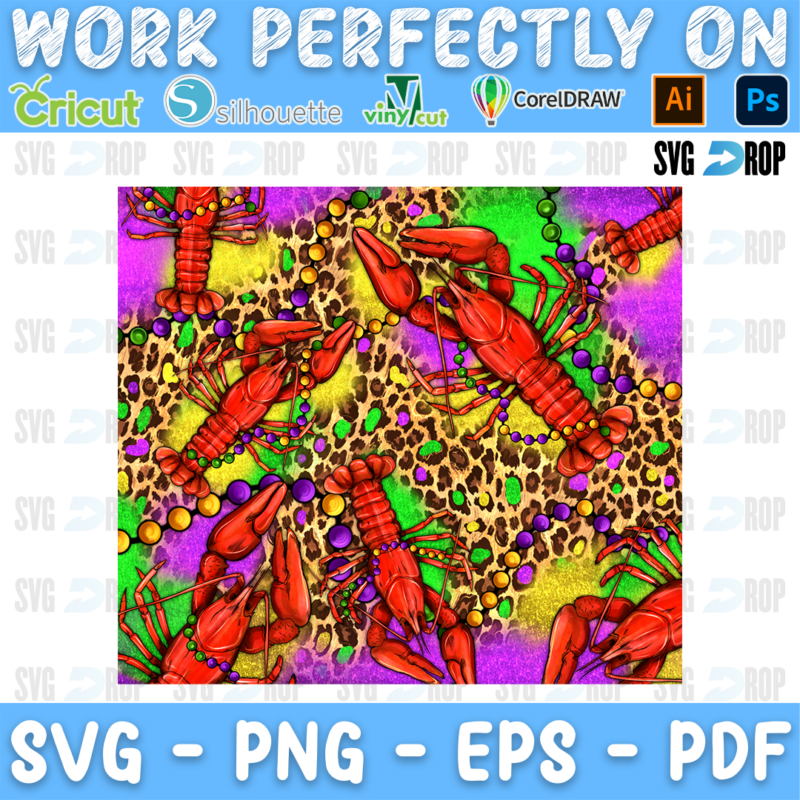 A Mardi Gras pattern of red crawfish and beads on purple, green, gold glitter and leopard print. Sublimation PNG