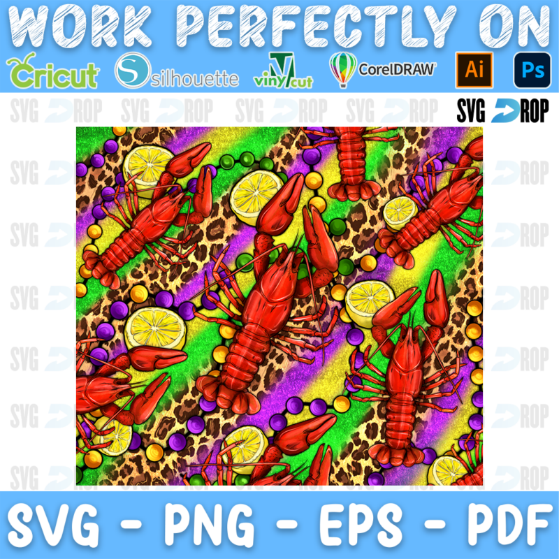 A Mardi Gras pattern of red crawfish, lemons and beads on purple, green and leopard print. Sublimation PNG