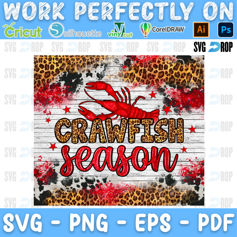 Crawfish Season lettering in leopard letters and red script with a red crawfish on white wood, leopard and cowhide. Sublimation PNG