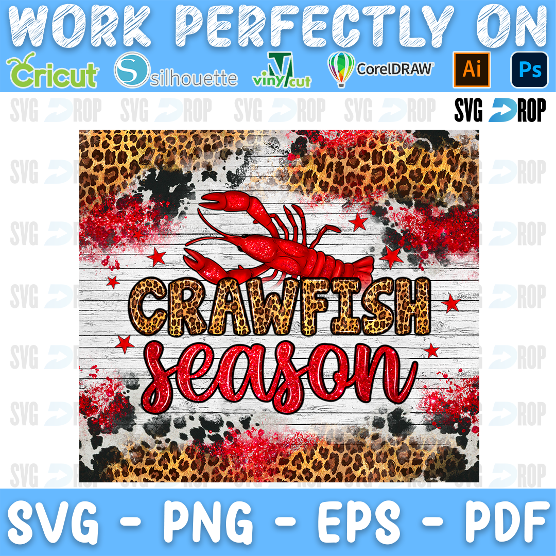Crawfish Season lettering in leopard letters and red script with a red crawfish on white wood, leopard and cowhide. Sublimation PNG