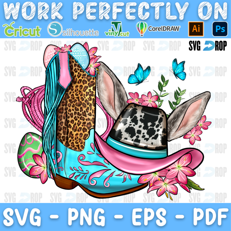 A turquoise and leopard cowboy boot with a cowhide cowboy hat, bunny ears, Easter eggs, pink flowers and butterflies. Sublimation PNG