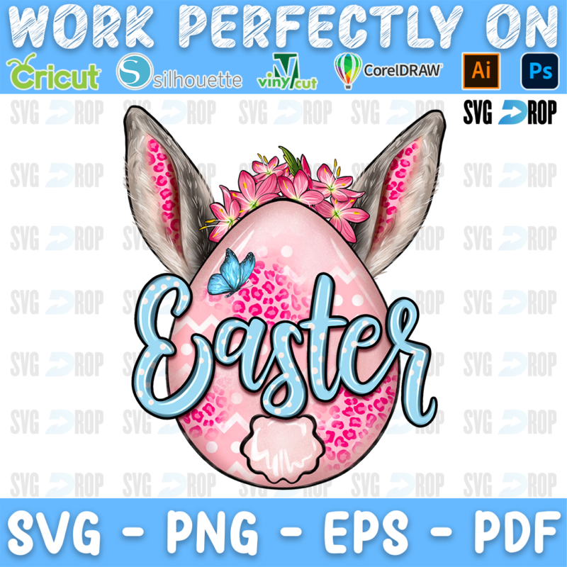 A pink leopard Easter egg with bunny ears, pink flowers and Easter script. Sublimation PNG