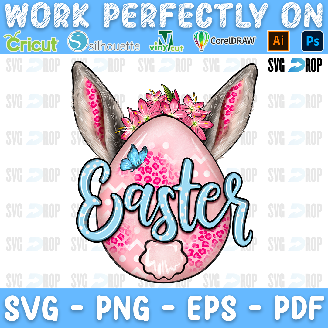 A pink leopard Easter egg with bunny ears, pink flowers and Easter script. Sublimation PNG